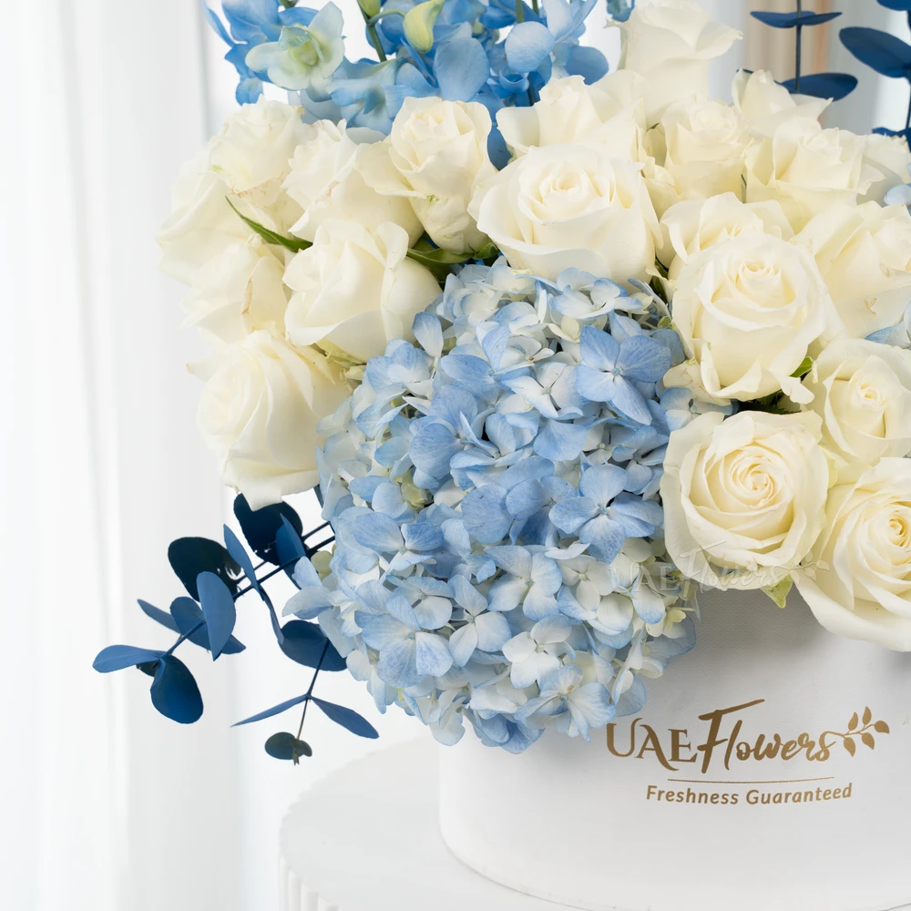 A box arrangement of 2 blue hydrangeas, 20 white roses, 5 blue orchids and blue sprayed eucalyptus leaf.