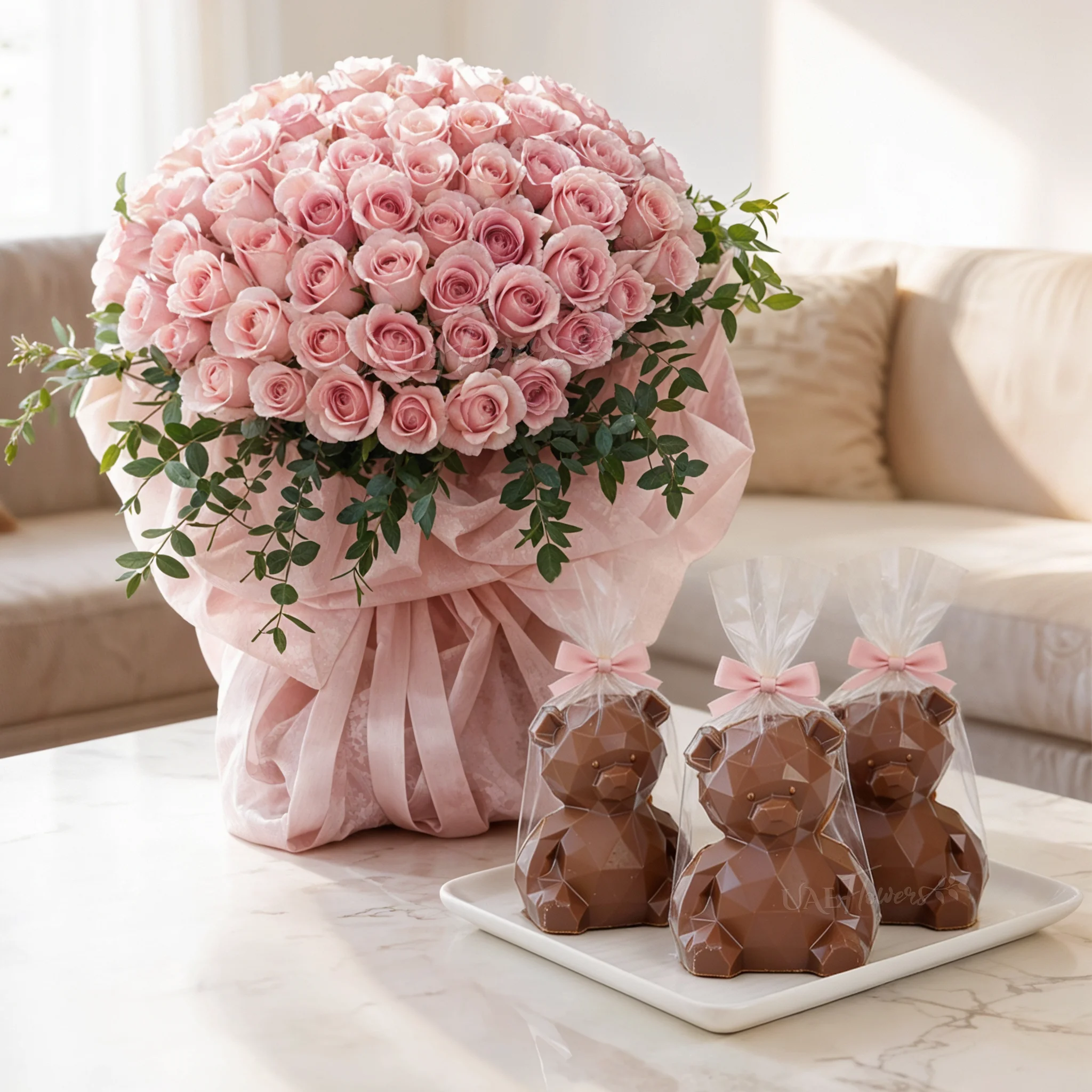 40 pink roses with 3 chocolate teddy