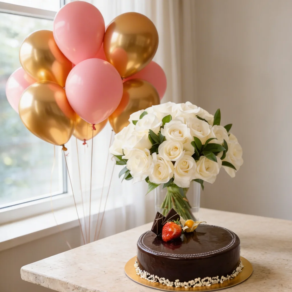 20 White Roses with Chocolate Mousse Cake and Balloons 20 White Roses with Chocolate Mousse Cake and Balloons
