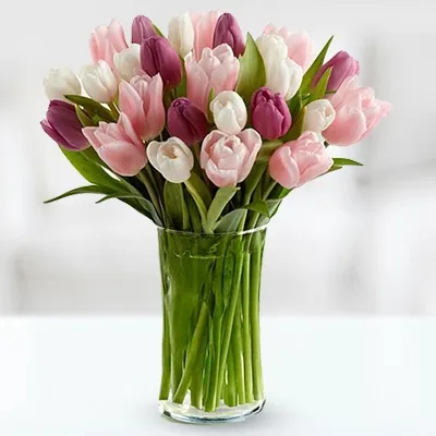 Buy colorful tulips vase with pink purple white tulips same day delivery Dubai