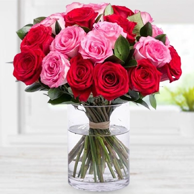 24 red and pink roses in a glass vase