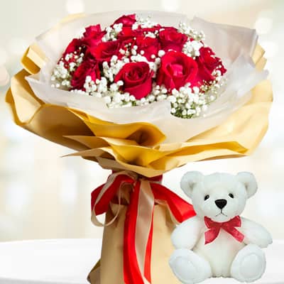 Red Roses, red flowers , Teddy Bear
