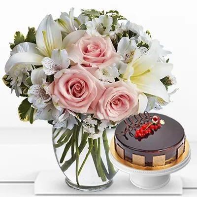 3 white alstroemeria, 3 white chrysanthemum, 1 white lily, 8 peach roses