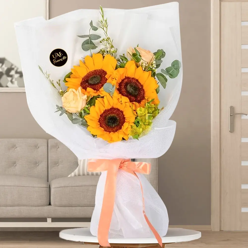 Bouquet of 3 Sunflower, 2 Champagne Rose, 1 stem of Yellow Alstroemeria, Waxflower & Eucalyptus Leaves in nice wrapping