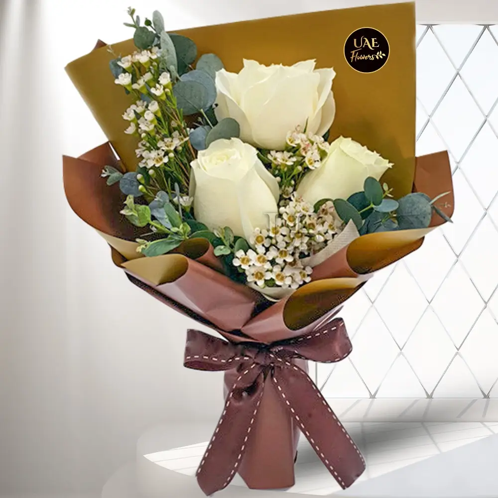 bouquet of 3 white roses with wax flowers
