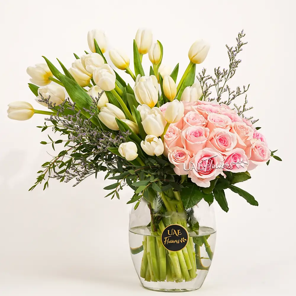 25 white tulips, 15 pink roses