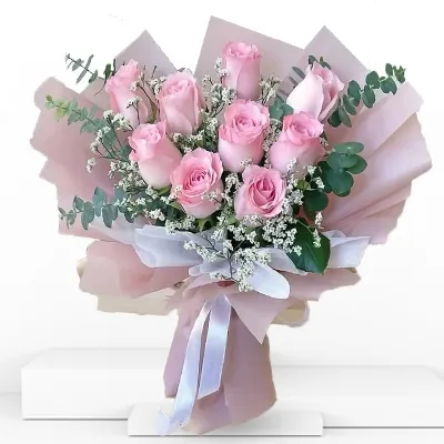 10 pink roses with green leaves and fillers,