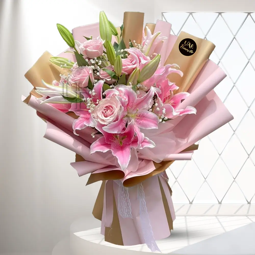5 stems of pink lilies and 10 stems of pink roses 5 stems of pink lilies and 10 stems of pink roses