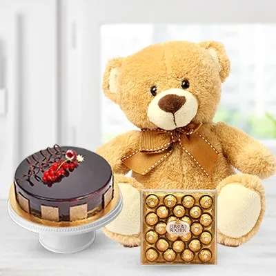12-inch teddy bear with 1 kg chocolate cake and 24 pieces of ferrero rocher chocolate box