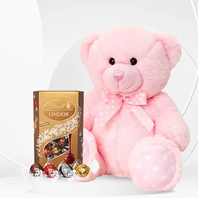 combo of a 12-inch teddy bear and 200g Lindt Lindor assorted chocolates