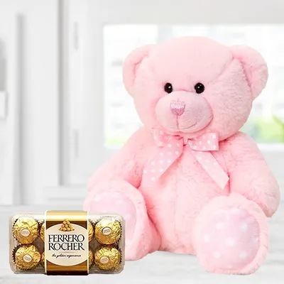 12-inch Pink Teddy with 16 Pcs Ferrero Rocher box