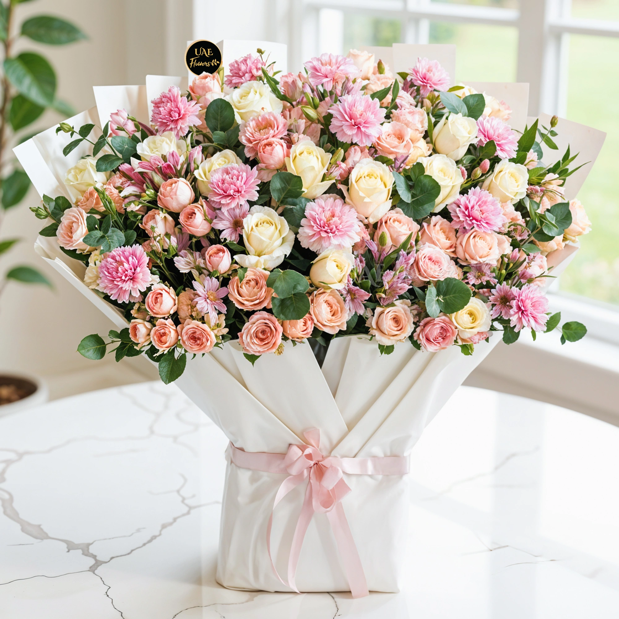 10 white roses, 10 pink carnations, 10 pink alstroemeria 10 white roses, 10 pink carnations, 10 pink alstroemeria