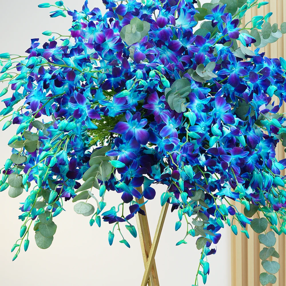 50 blue orchids arranged on a stand with elegant fillers.