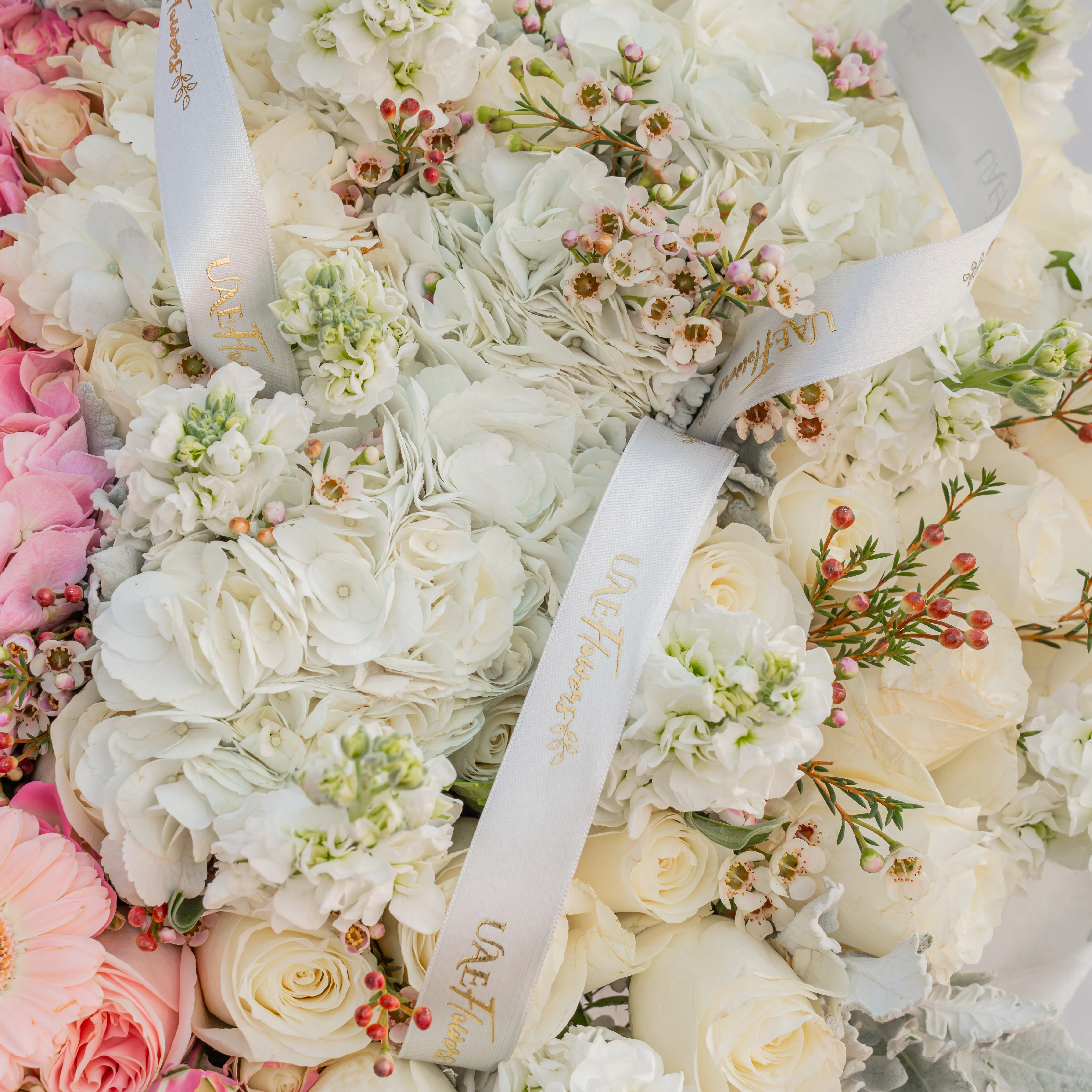bouquet of pink hydrangeas, roses, gerberas, spray roses