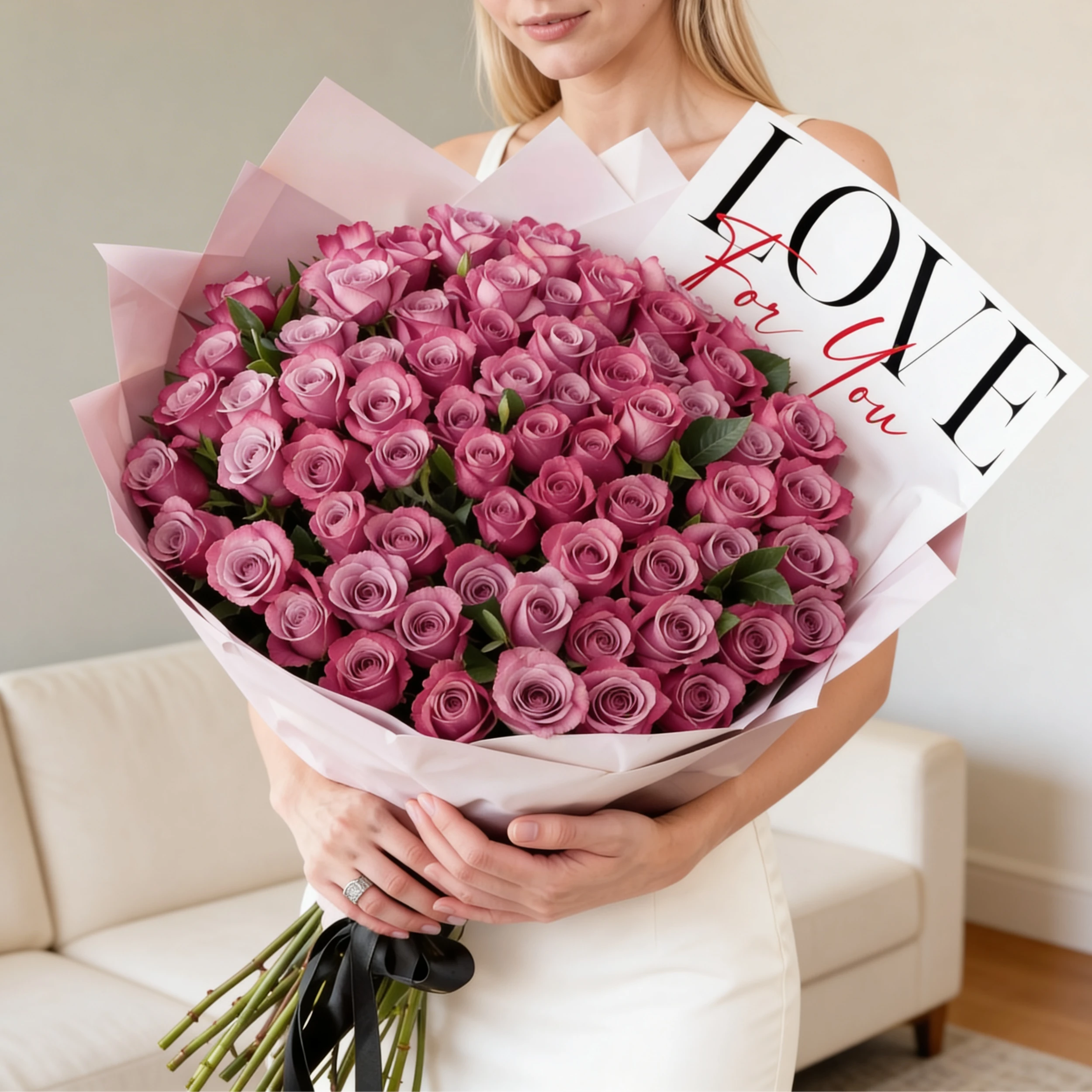bouquet of 100 purple roses with green fillers, bouquet of 100 purple roses with green fillers,