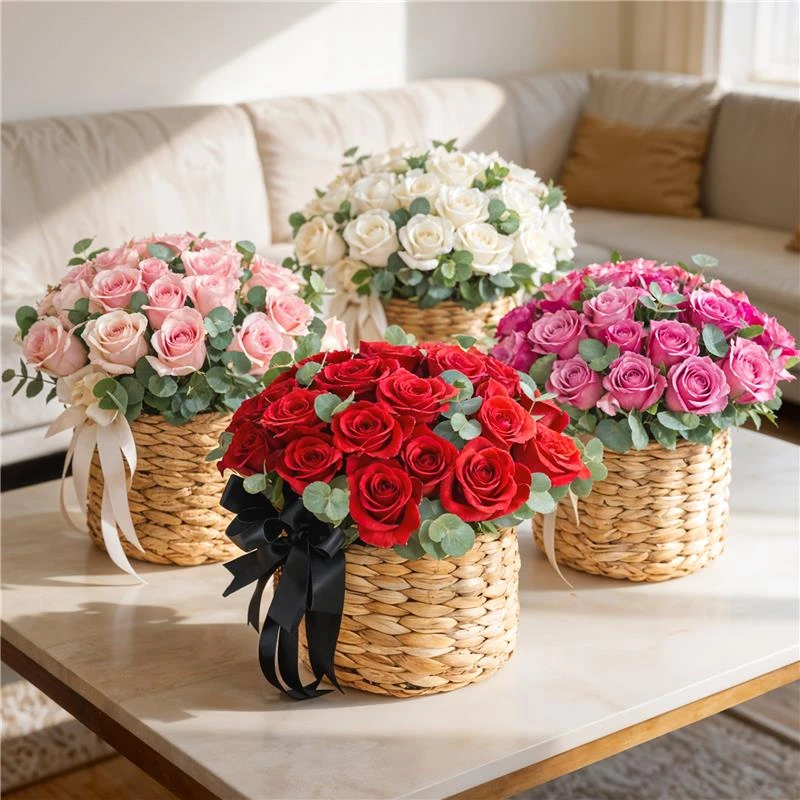 Set of four basket arrangements with 25 roses in red, white, pink, and purple Set of four basket arrangements with 25 roses in red, white, pink, and purple