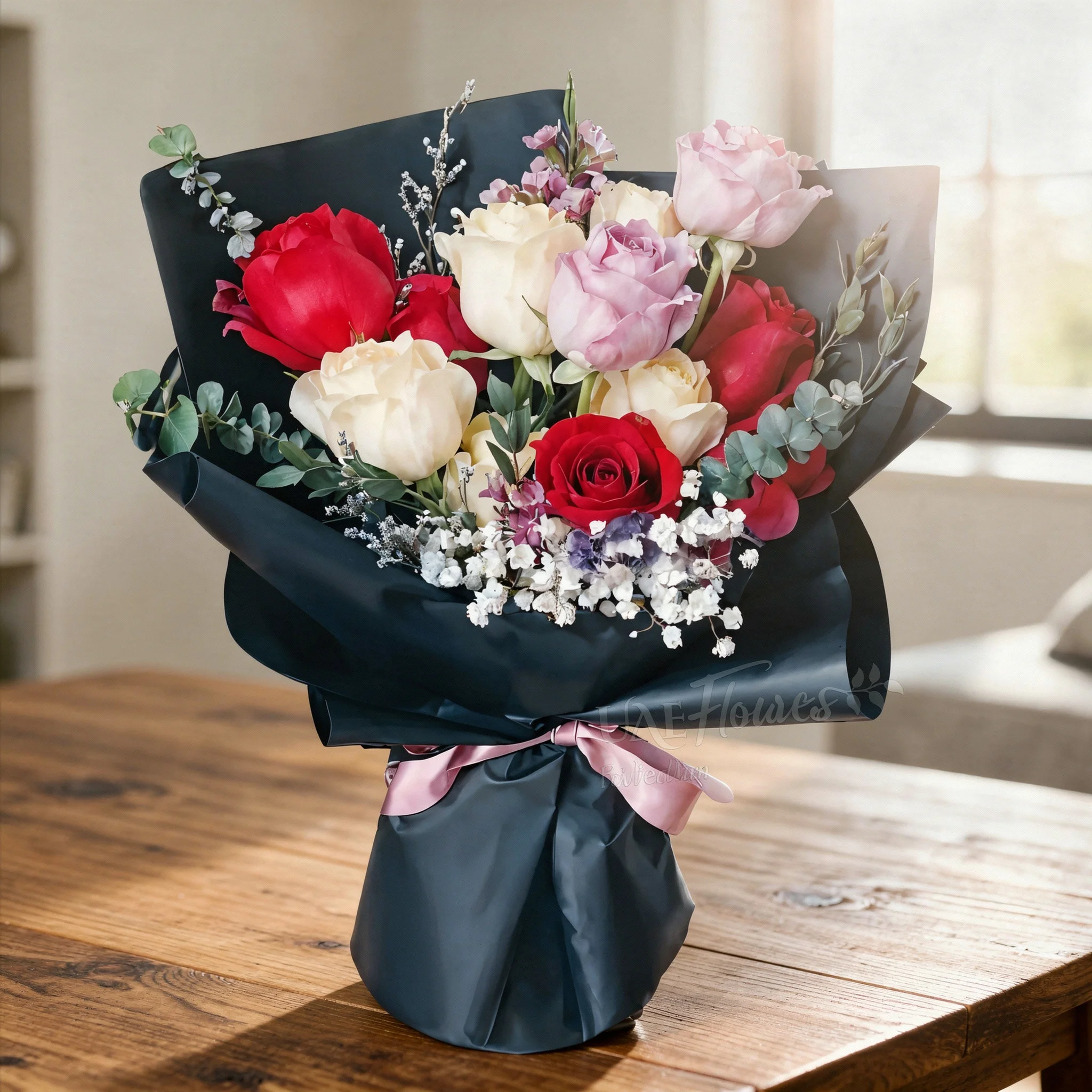 A bouquet of 5 red roses, 5 peach roses, 2 purple roses & white baby breath in black wrapping paper and tied with pink ribbon A bouquet of 5 red roses, 5 peach roses, 2 purple roses & white baby breath in black wrapping paper and tied with pink ribbon