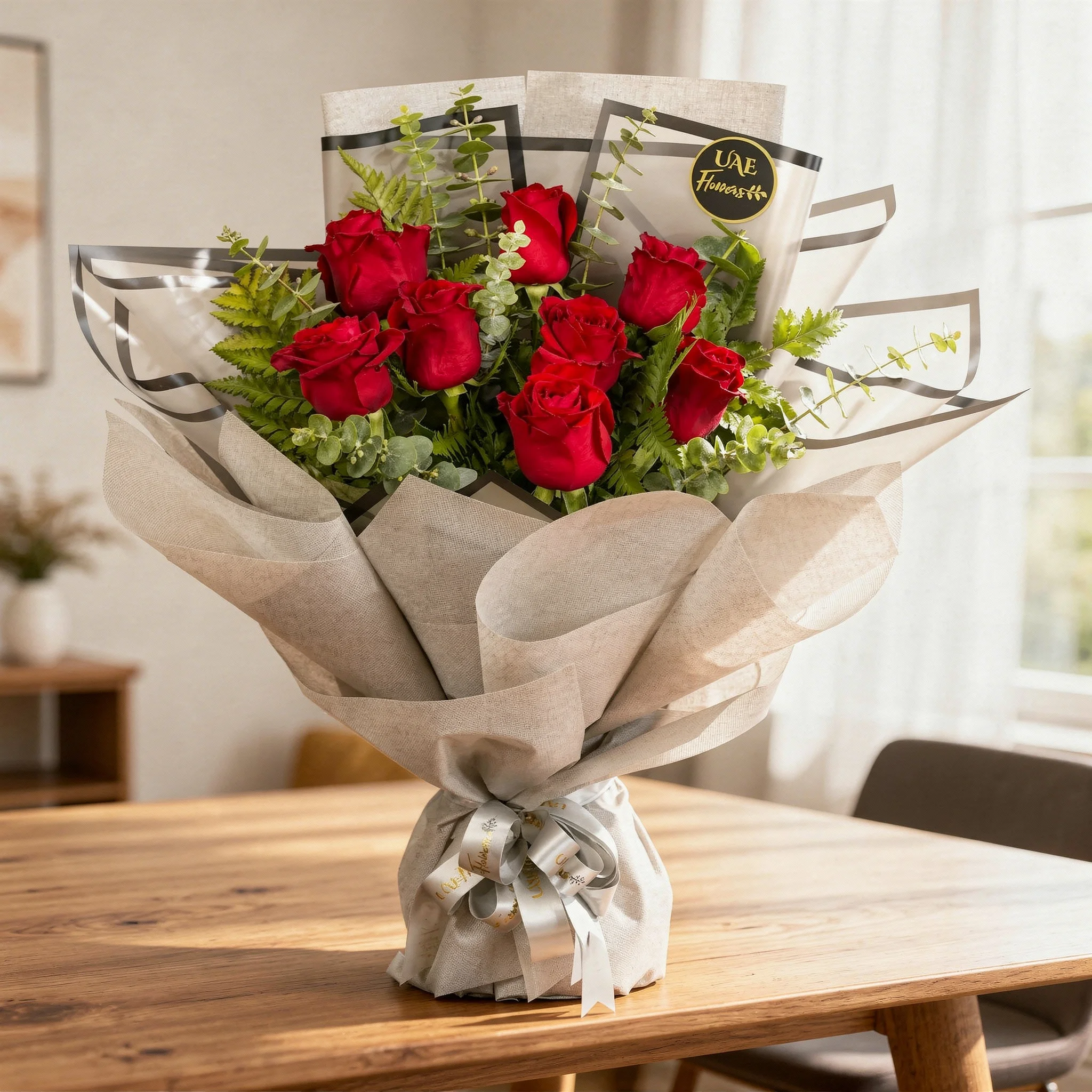 A bouquet of 10 red roses with fillers in black and grey wrapping paper tied with white ribbon A bouquet of 10 red roses with fillers in black and grey wrapping paper tied with white ribbon
