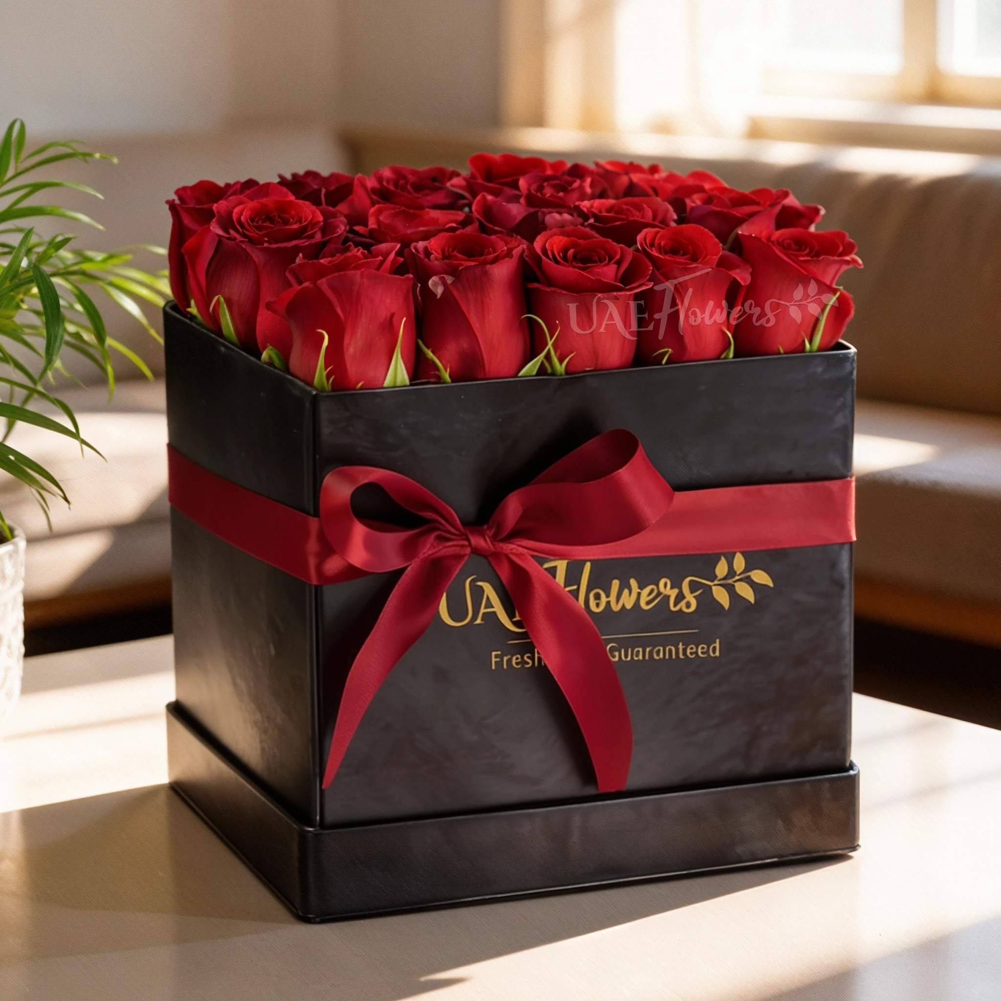 20 red roses with fillers in a cube black box tied with red ribbon 20 red roses with fillers in a cube black box tied with red ribbon