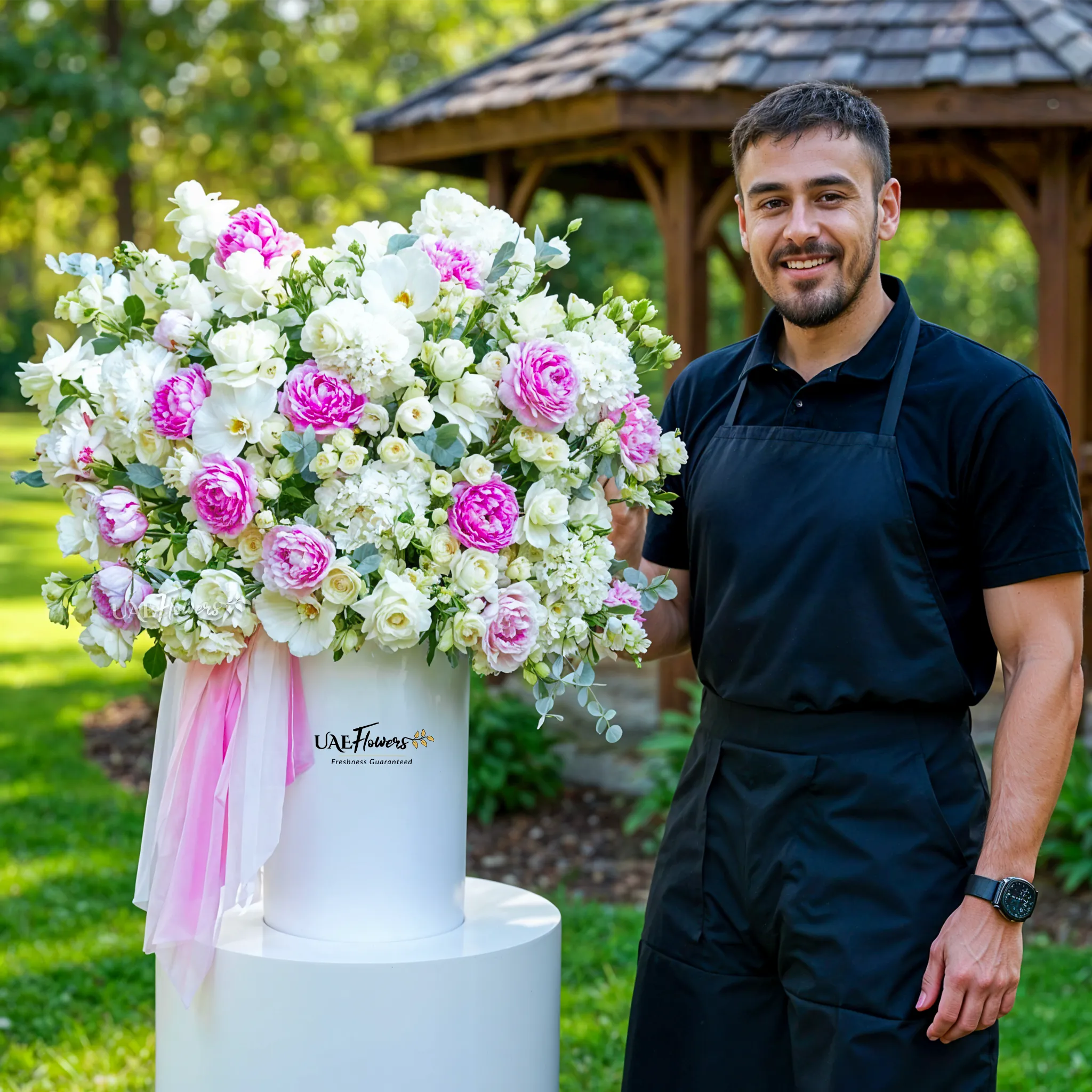 An arrangement of white hydrangeas, pink peonies, white roses, white matthiola and white spray roses with green fillers and pink & white net in a tall round box.