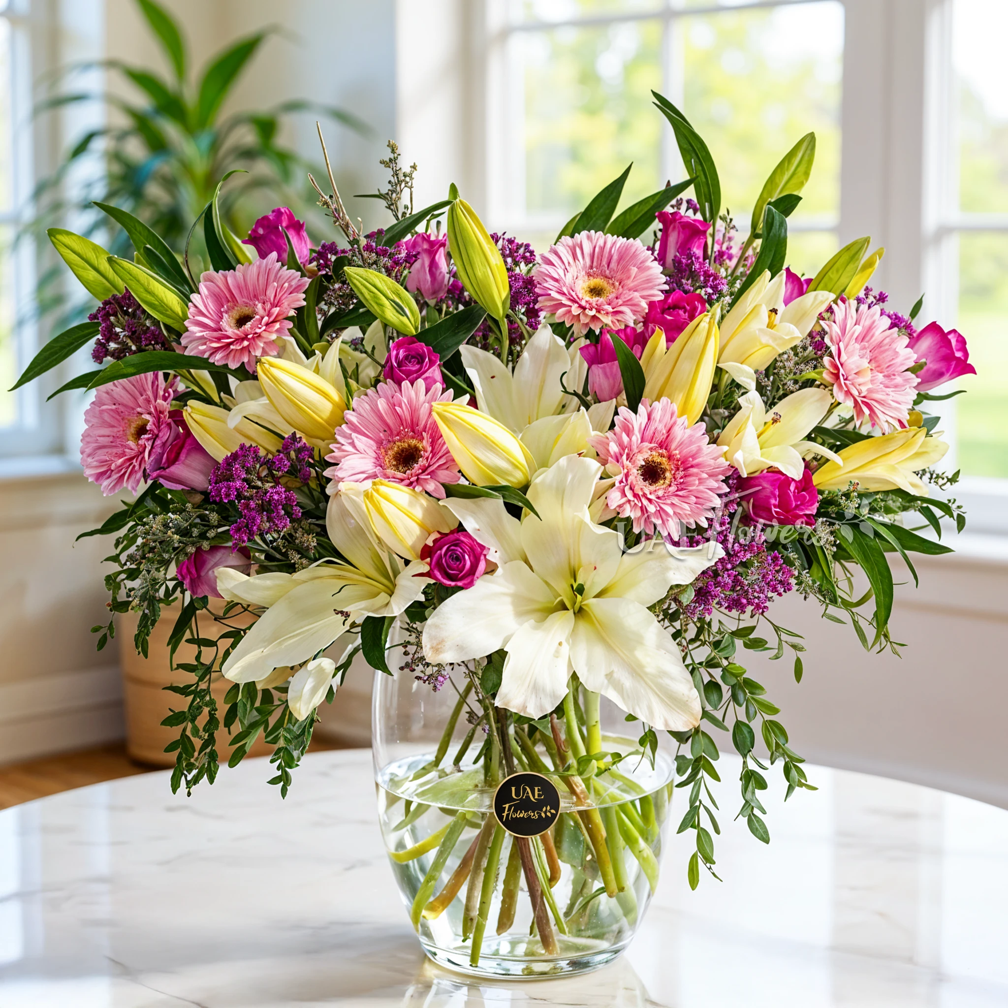 lilies and roses flower arrangement, graceful roseate bouquet UAE, glass vase floral display, pink gerbera and purple rose combo, elegant flower delivery Dubai