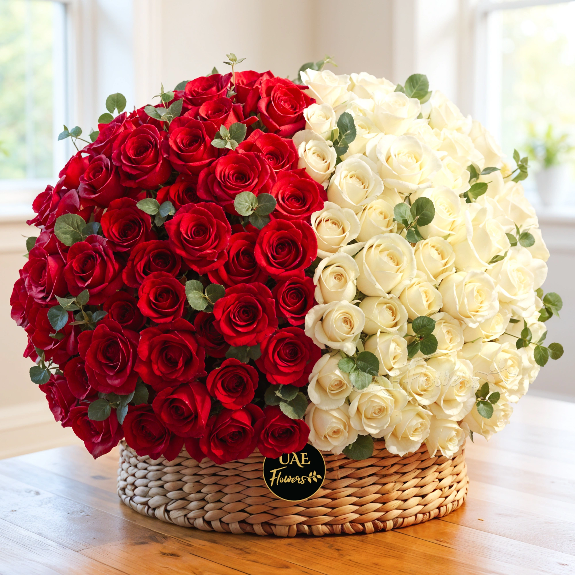 basket of 100 red roses and 100 white roses arranged with eucalyptus leaf.