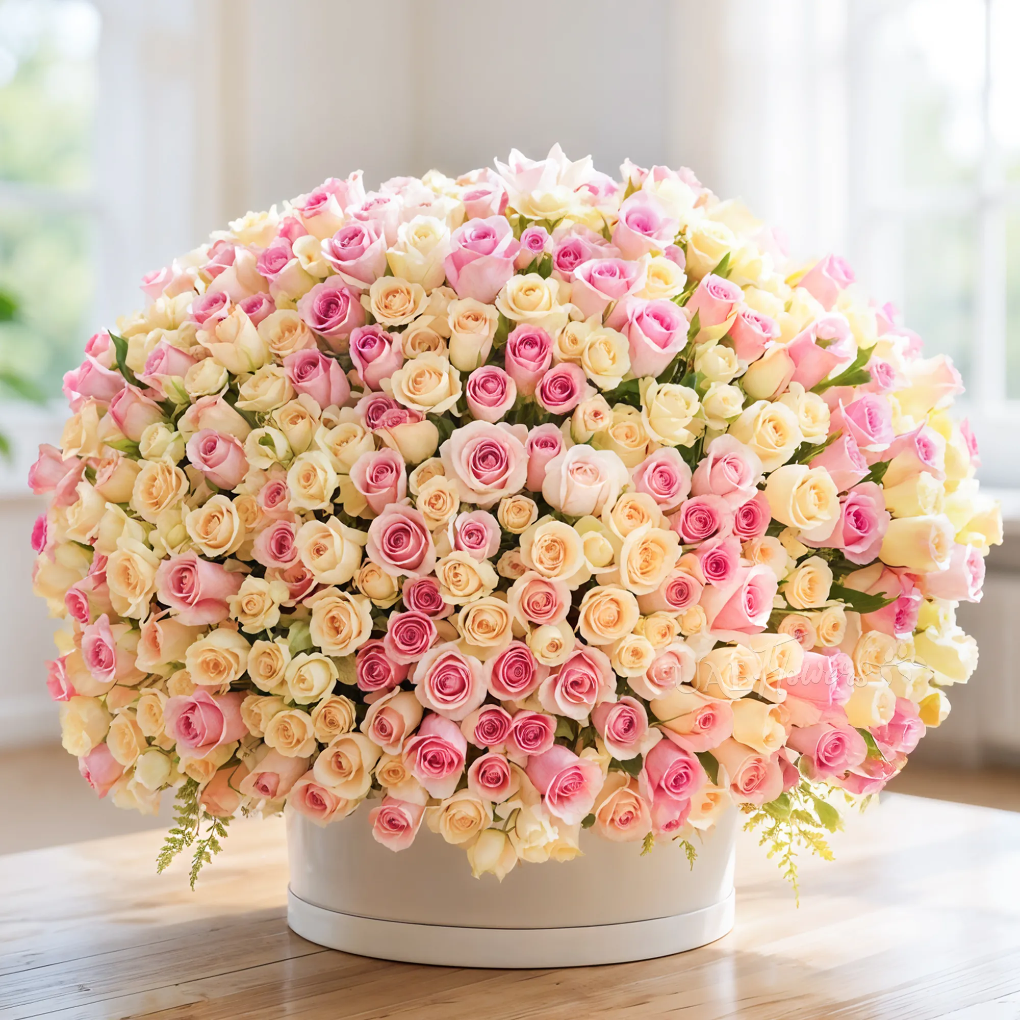 round arrangement of 100 light and dark pink roses and peach spray roses in a round box.