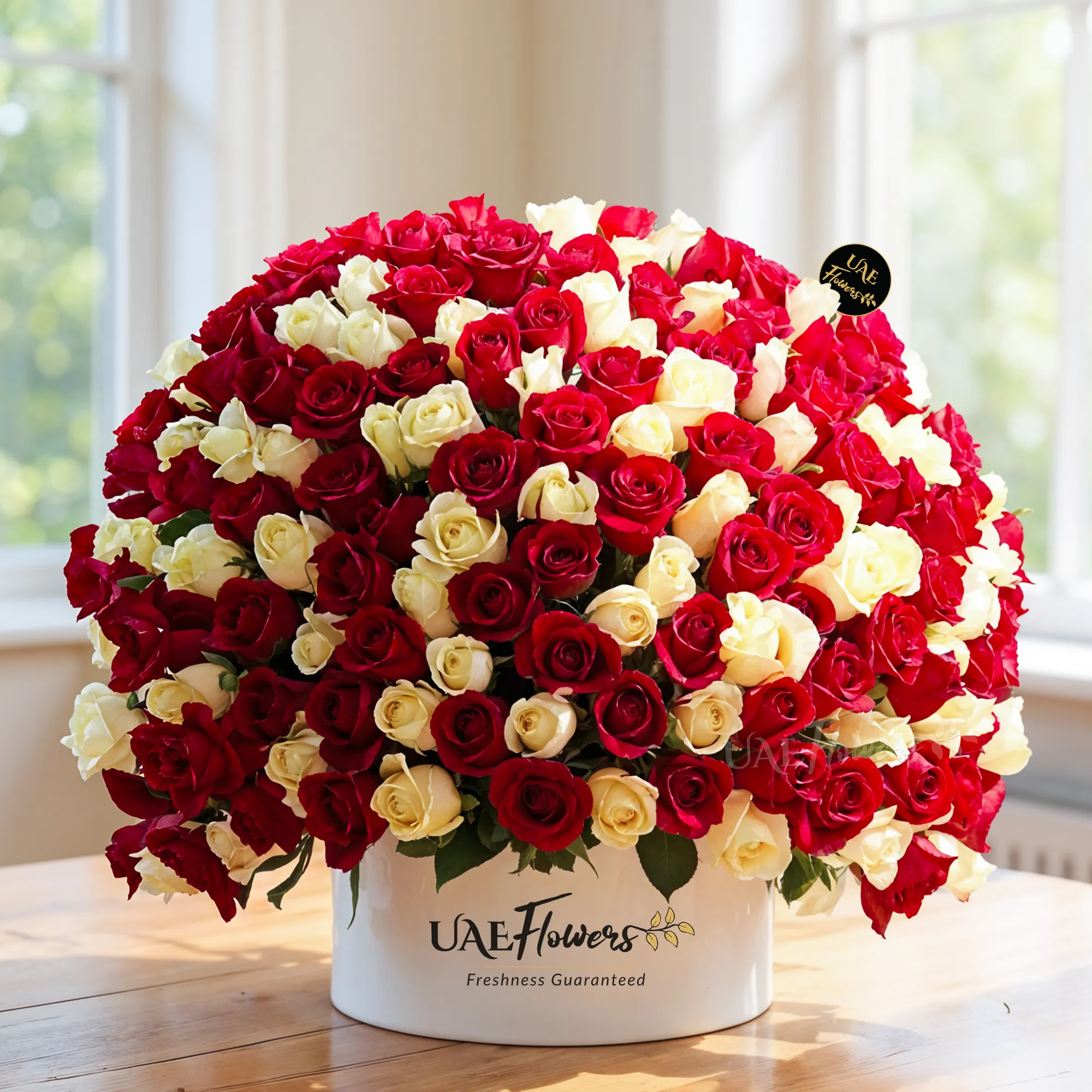 200 stems of red and white roses arranged with fillers in a box.