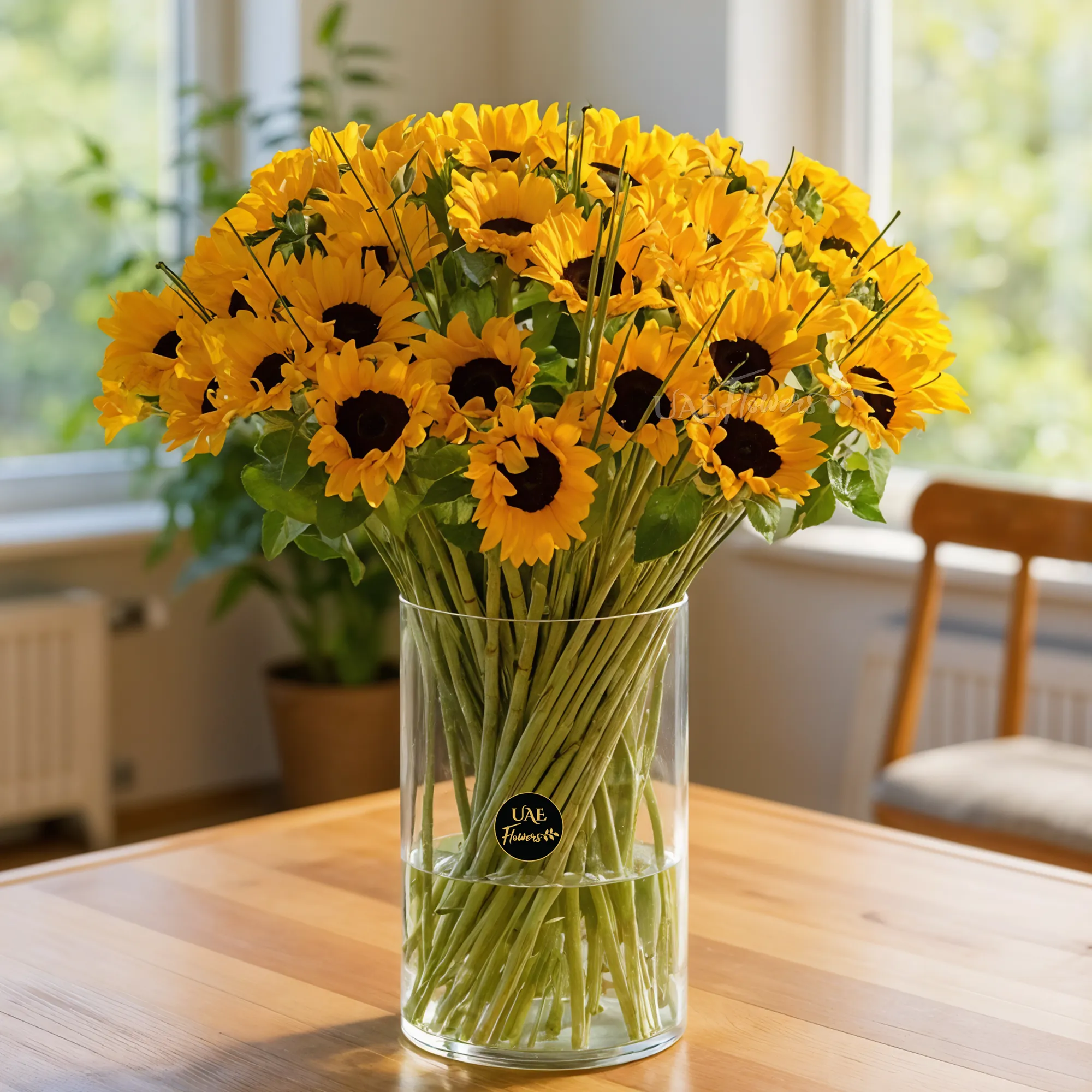 40 sunflowers with fillers in a glass vase