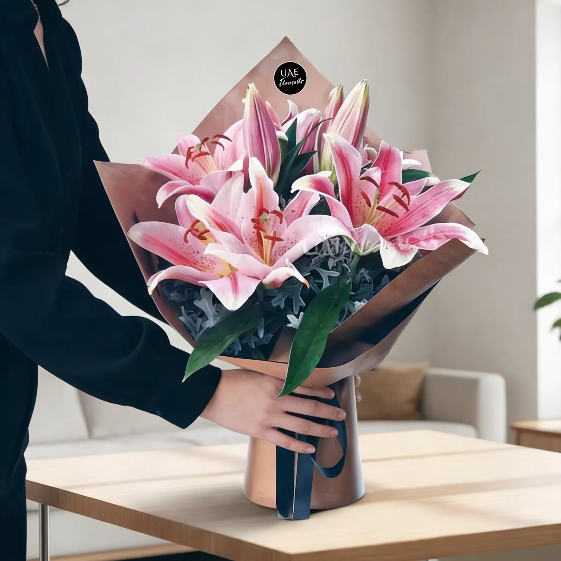 Adorned with bright pink lilies and luscious foliage in a brown wrapping paper tied with blue ribbon Adorned with bright pink lilies and luscious foliage in a brown wrapping paper tied with blue ribbon