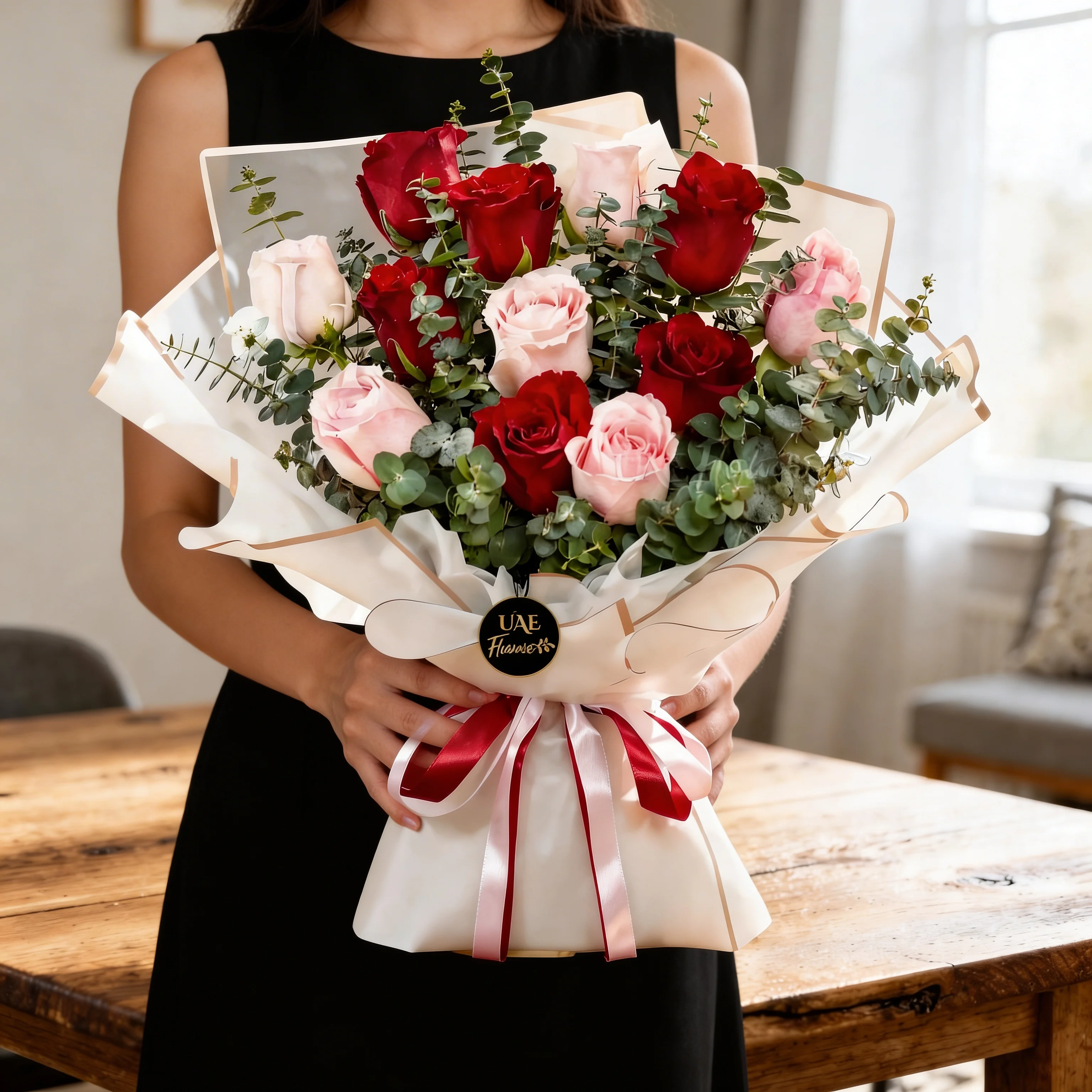 A bouquet of 12 red and pink roses with lots of eucalyptus leaves in white wrapping paper tied with red ribbon A bouquet of 12 red and pink roses with lots of eucalyptus leaves in white wrapping paper tied with red ribbon