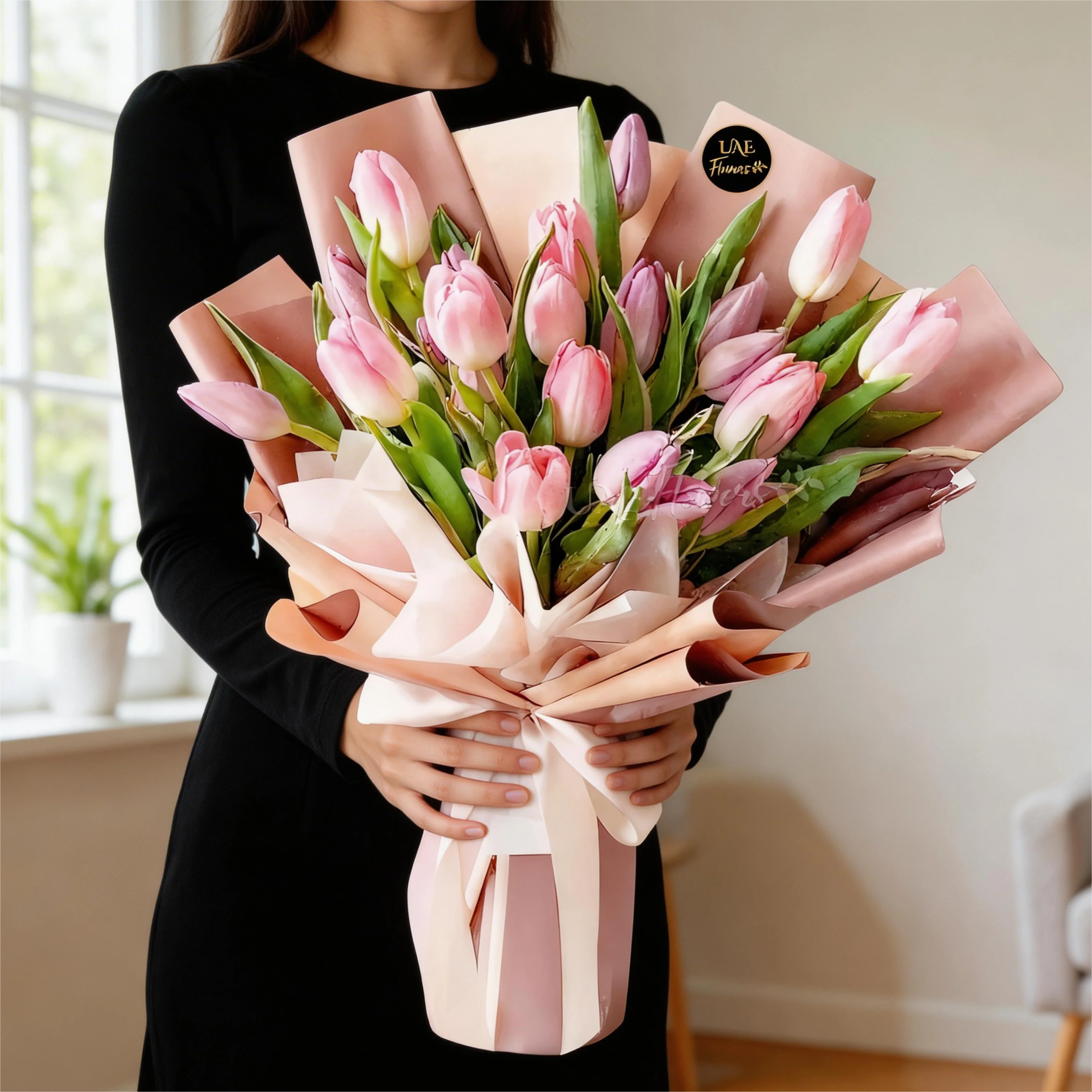A bouquet of 20 pink tulips in pink wrapping paper tied with pink ribbon A bouquet of 20 pink tulips in pink wrapping paper tied with pink ribbon