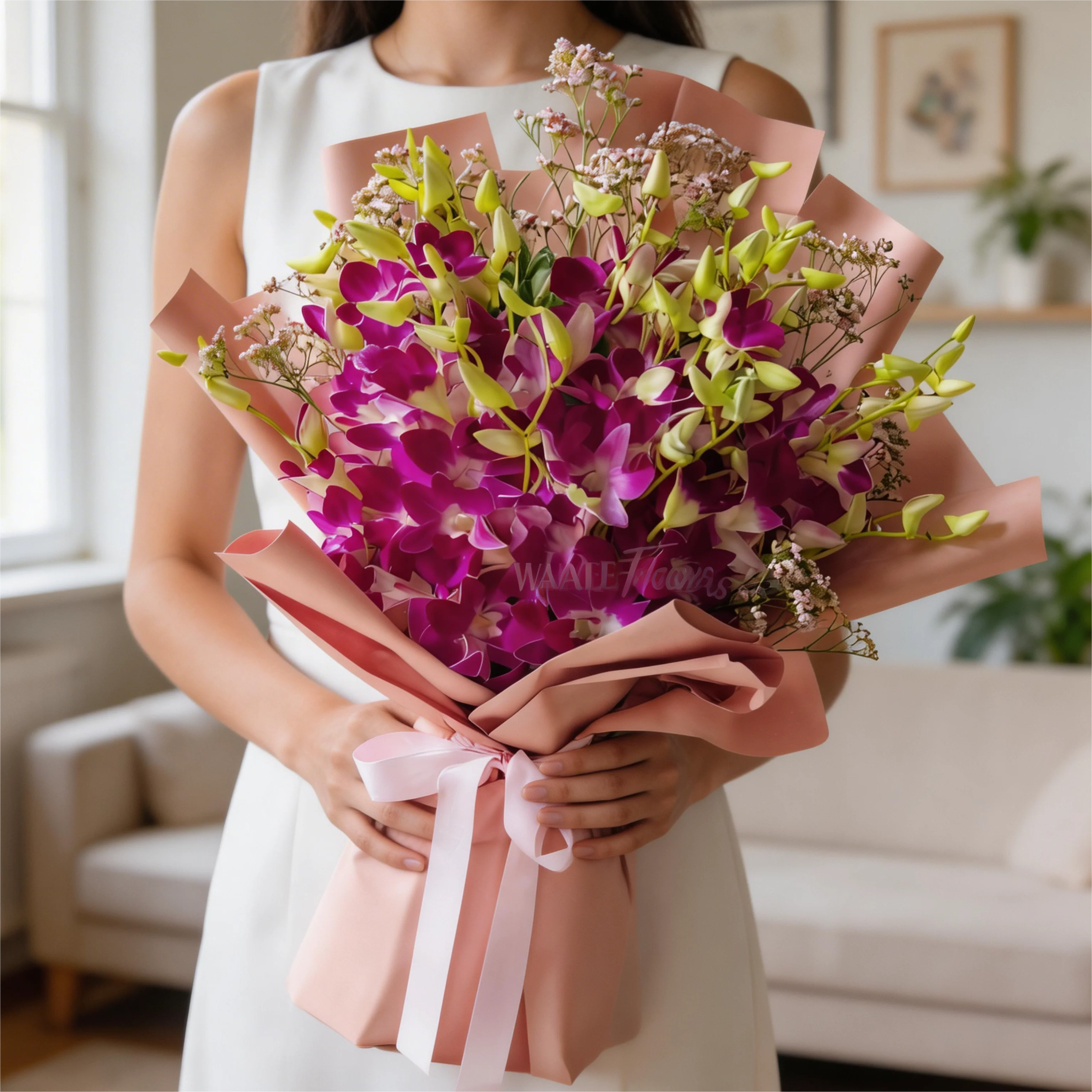 Bouquet of 20 fresh purple orchids wrapped in soft paper and tied with a ribbon, perfect for gifting elegance and admiration. Bouquet of 20 fresh purple orchids wrapped in soft paper and tied with a ribbon, perfect for gifting elegance and admiration.