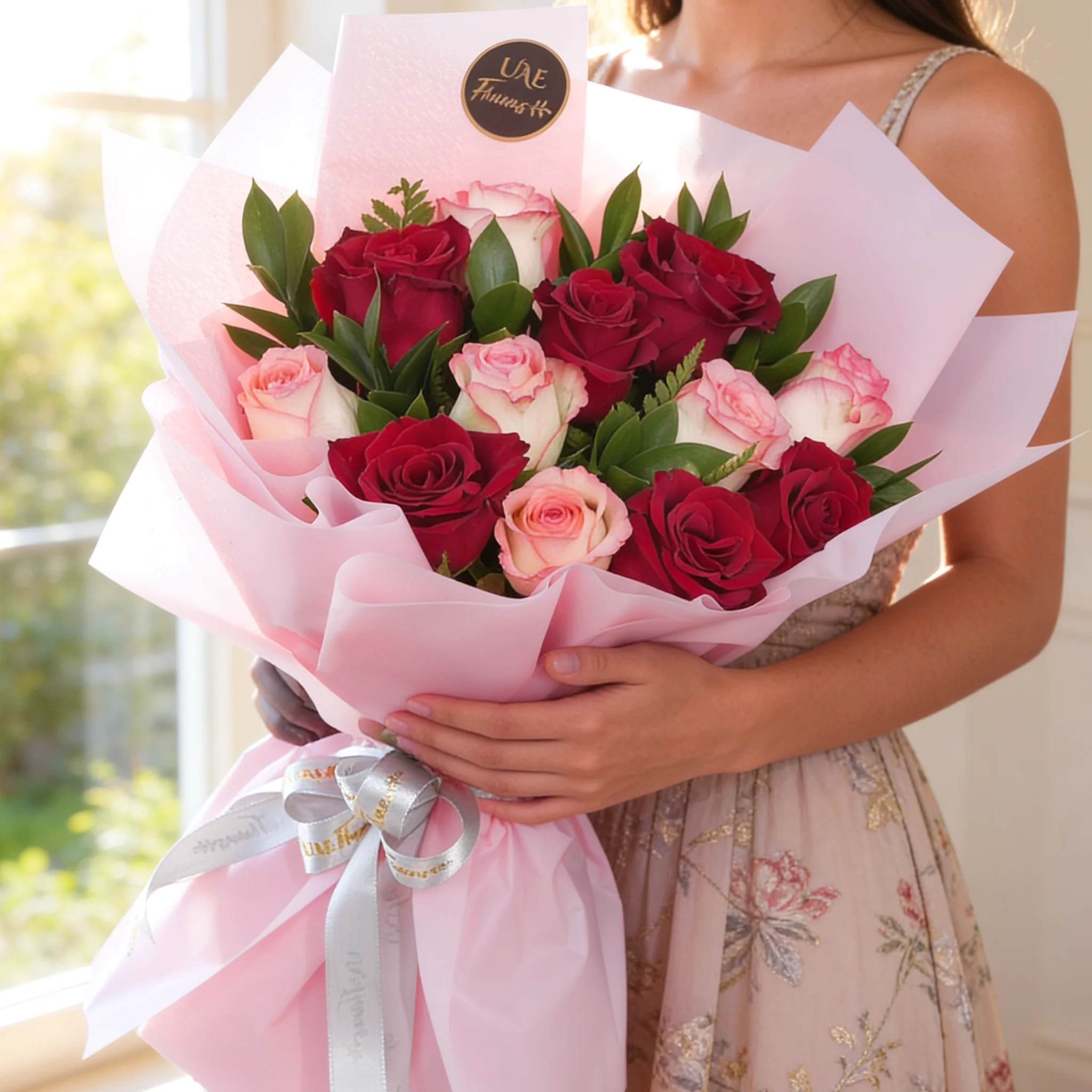 Bouquet of 12 red and pink roses with green fillers in pink wrapping paper. Bouquet of 12 red and pink roses with green fillers in pink wrapping paper.