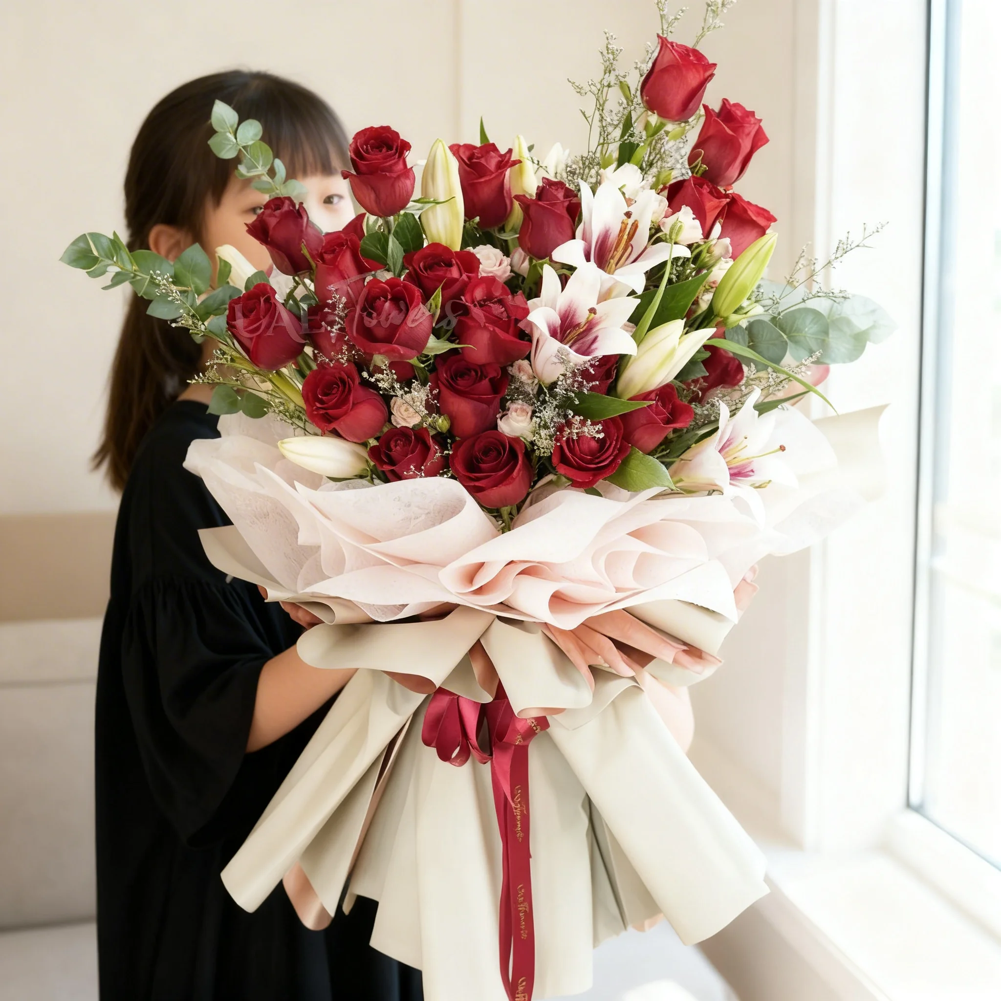A bouquet of 6 red roses & 4 pink lilies with fillers in red wrapping paper tied with red ribbon A bouquet of 6 red roses & 4 pink lilies with fillers in red wrapping paper tied with red ribbon
