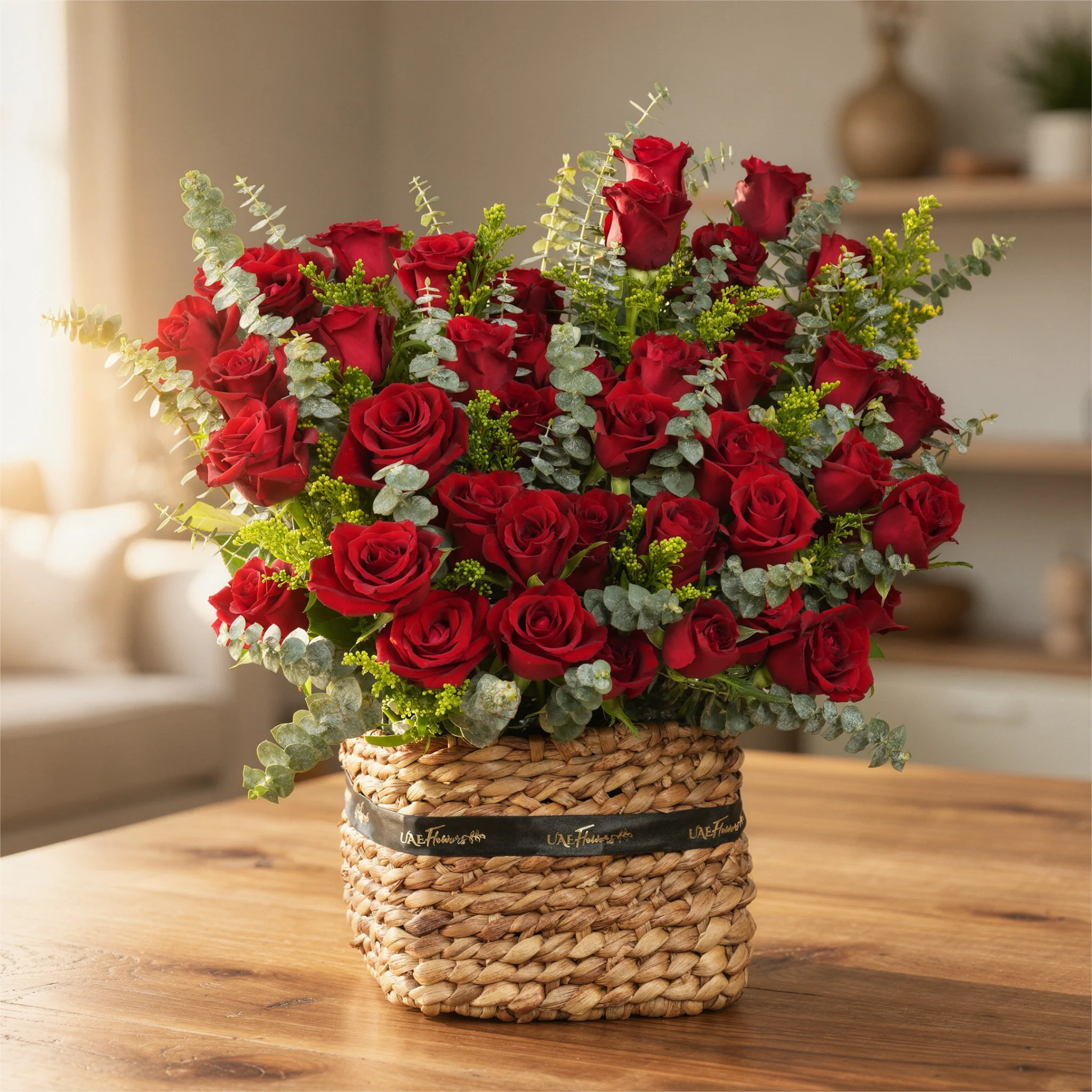 40 red roses with eucalyptus leaf in a square basket.