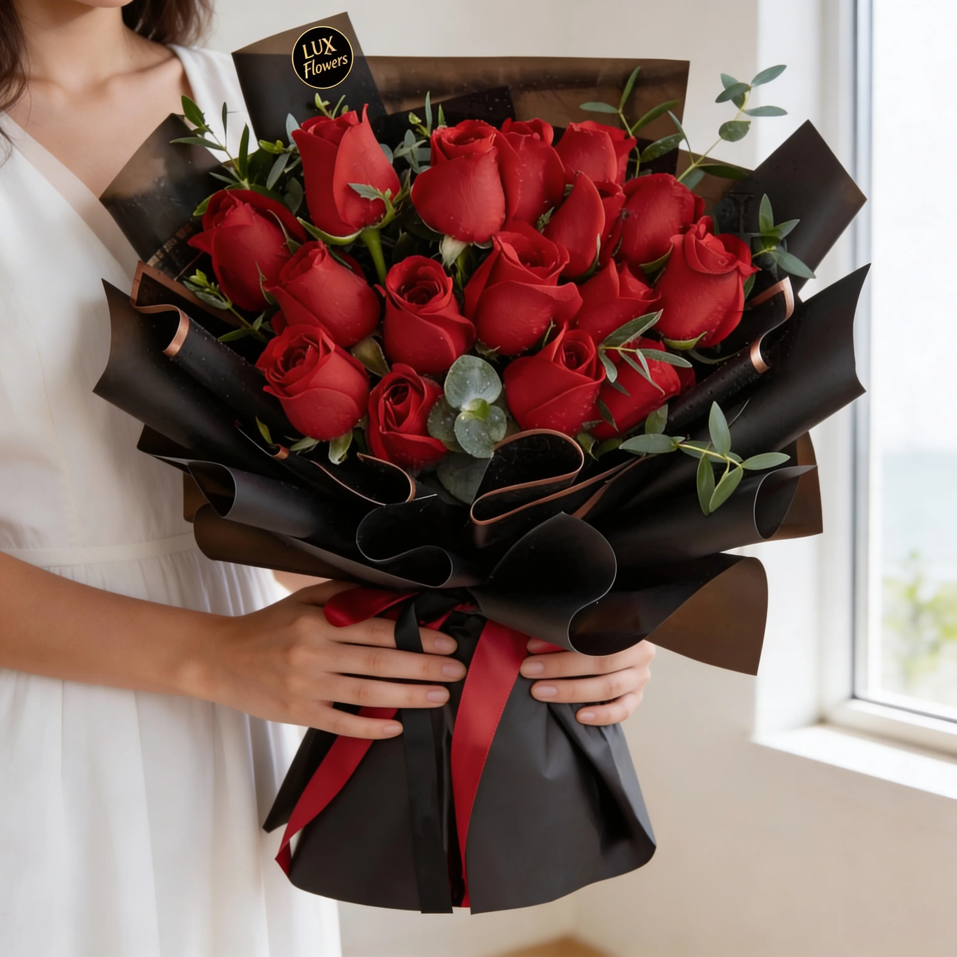 A bouquet of 12 red roses with fillers in a black wrapping paper tied with red ribbon A bouquet of 12 red roses with fillers in a black wrapping paper tied with red ribbon