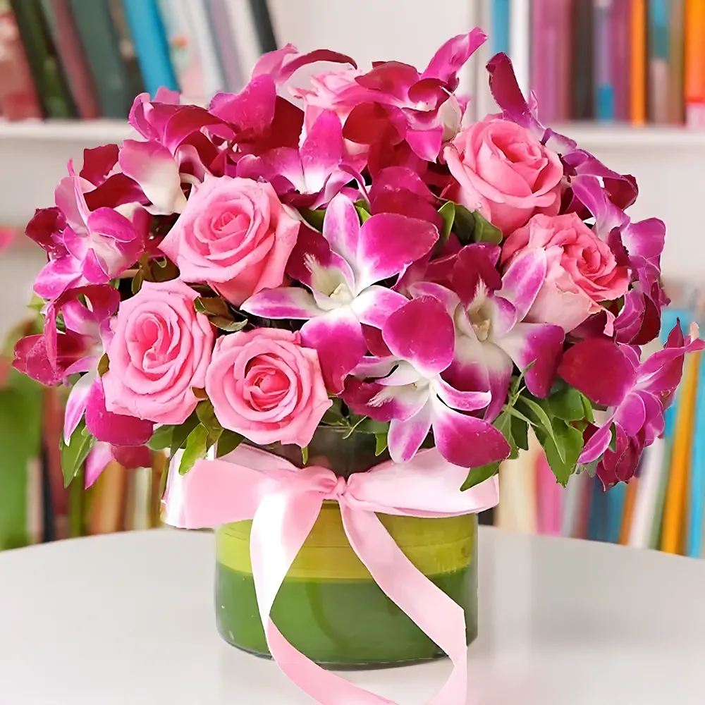 10 purple orchids and 10 pink roses