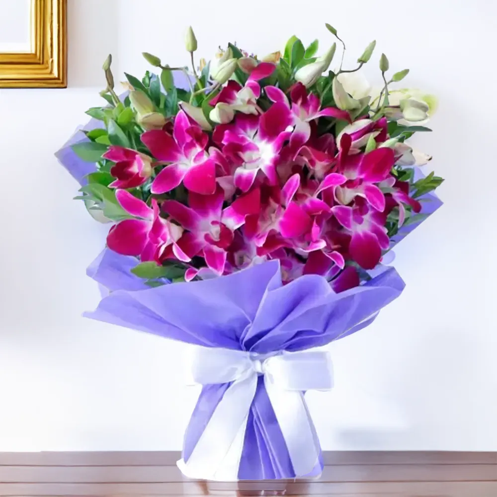 A bouquet of 10 purple sonia orchids with black wrapping paper tied with a pink ribbon
