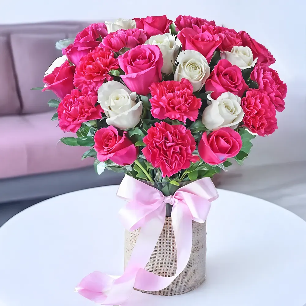 pink carnation, 6 stems of white roses, and 6 stems of pink roses