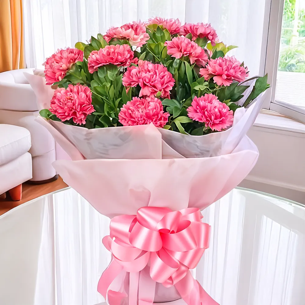 12 pink carnations, arranged with fillers