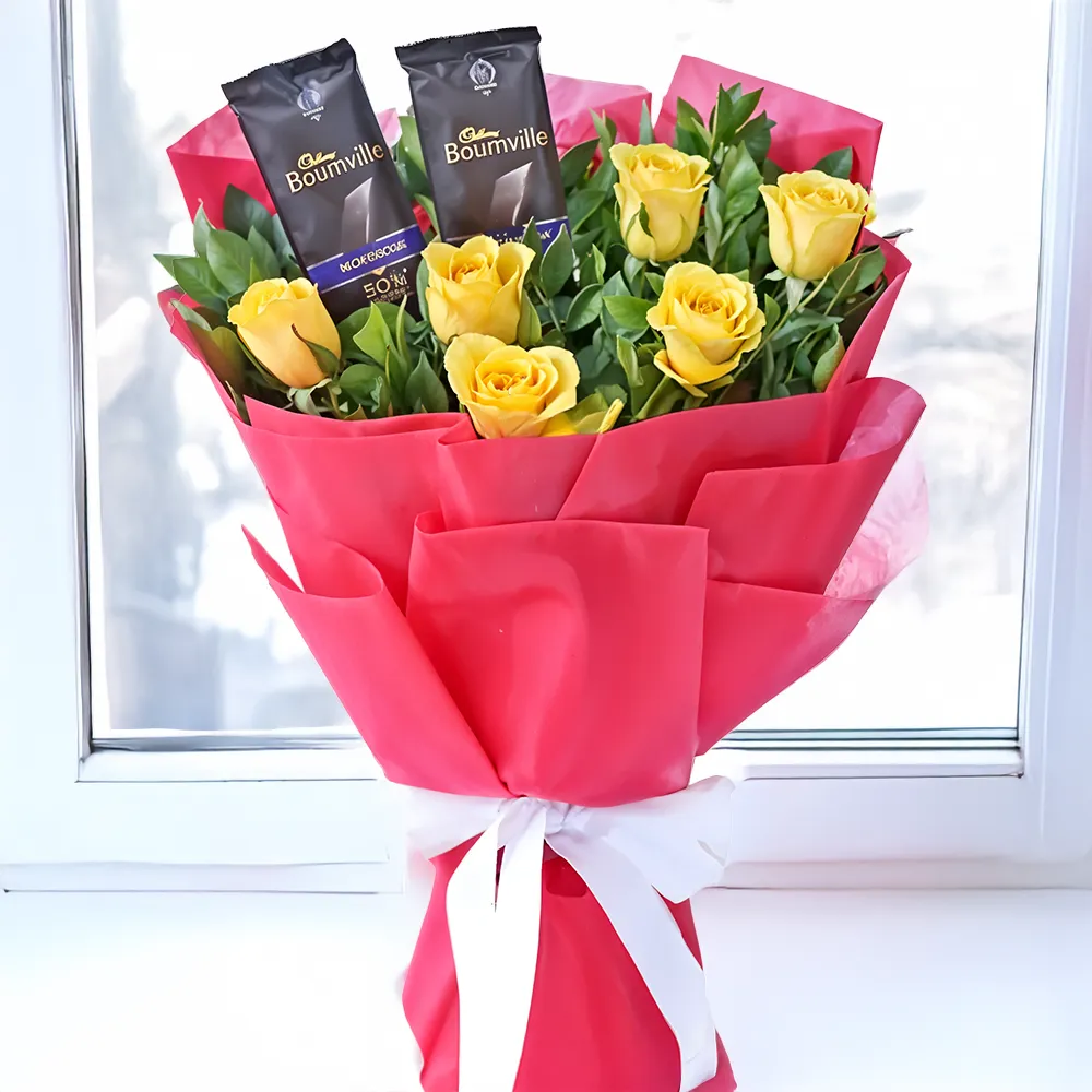 6 yellow roses with 2 Cadbury Bournville chocolates