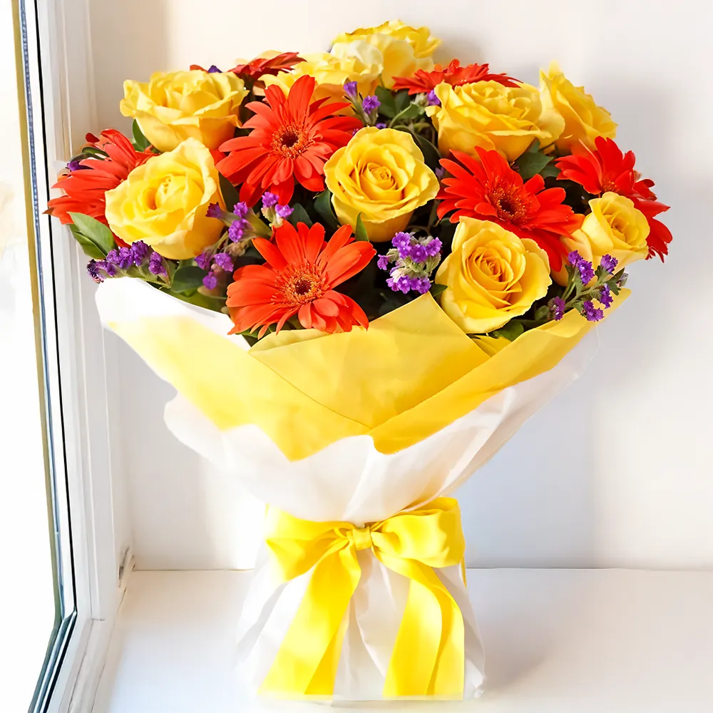 10 yellow roses and 5 orange gerberas