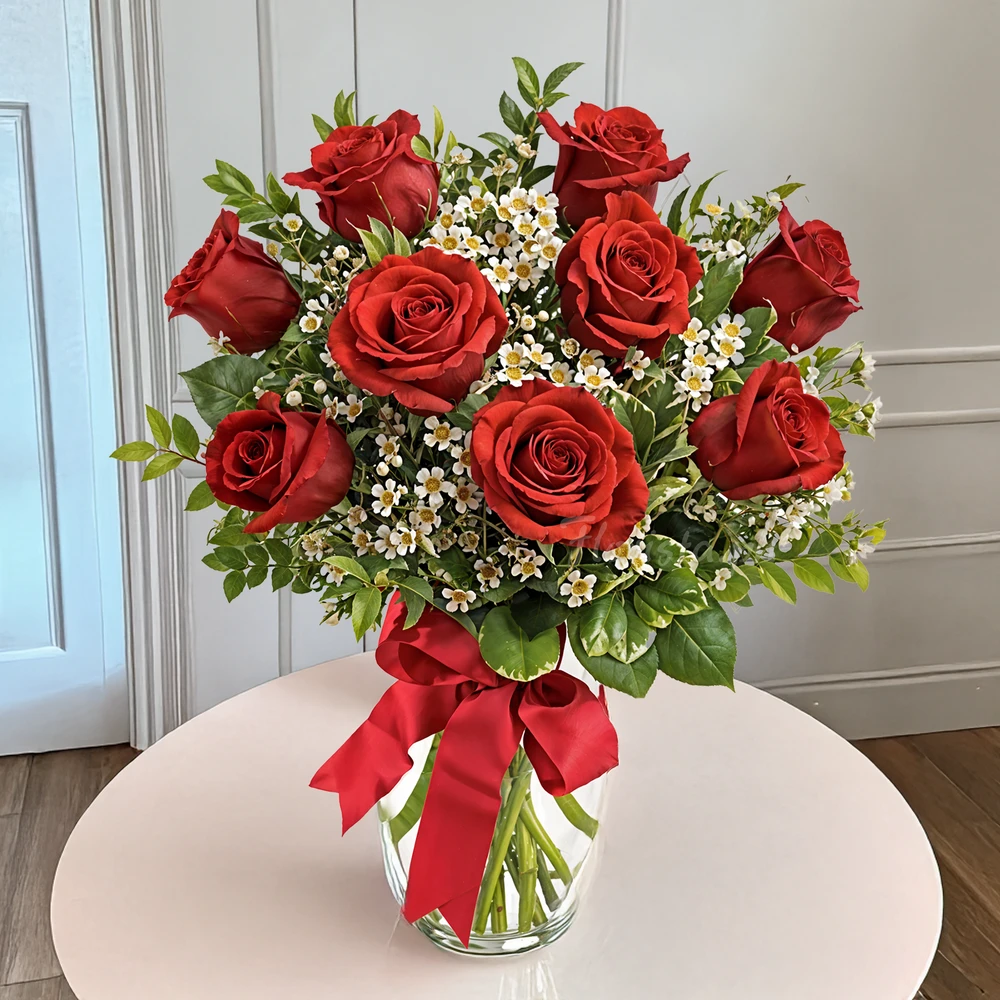 6 red roses in a vase with white fillers & Greens tied with a red ribbon