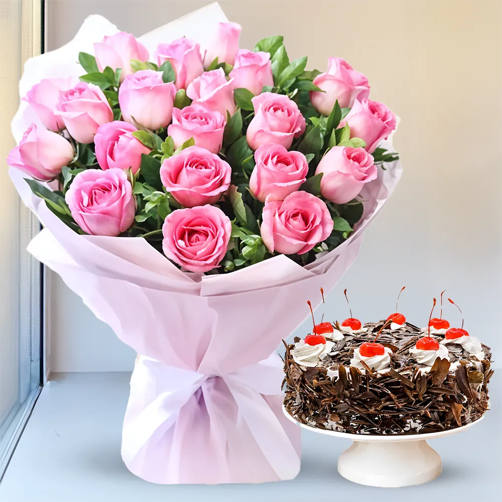 A bouquet of 15 pink roses surrounded by gypsophilia in brown wrapping paper tied with a brown ribbon and 1 kg chocolate cake