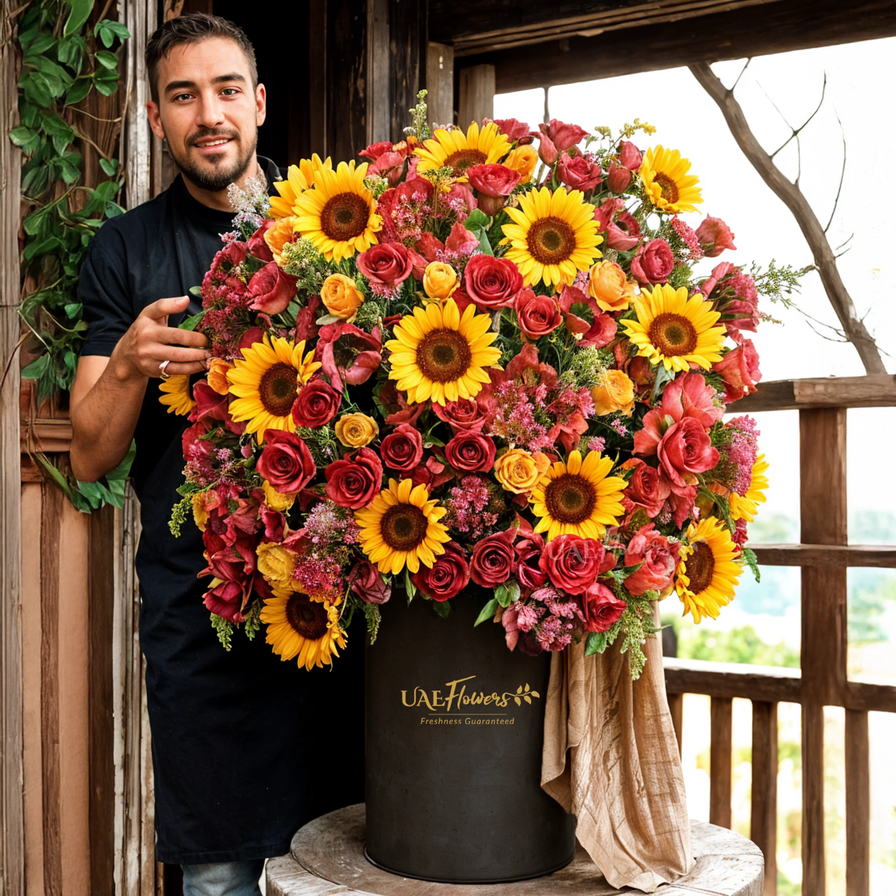 Sunflowers, Red roses, Orange roses and Red peonies with green fillers and red net in a tall round box.