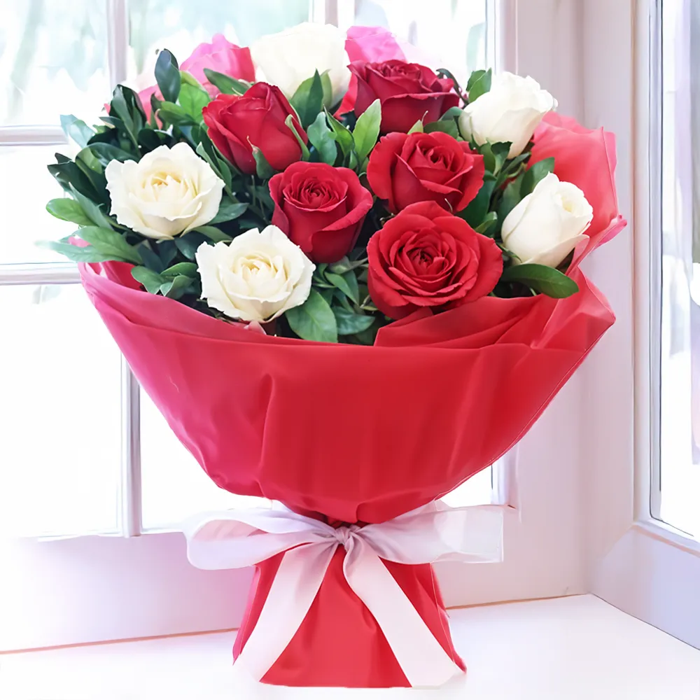 bunch of 5 white and 5 red rose flowers with green fillers