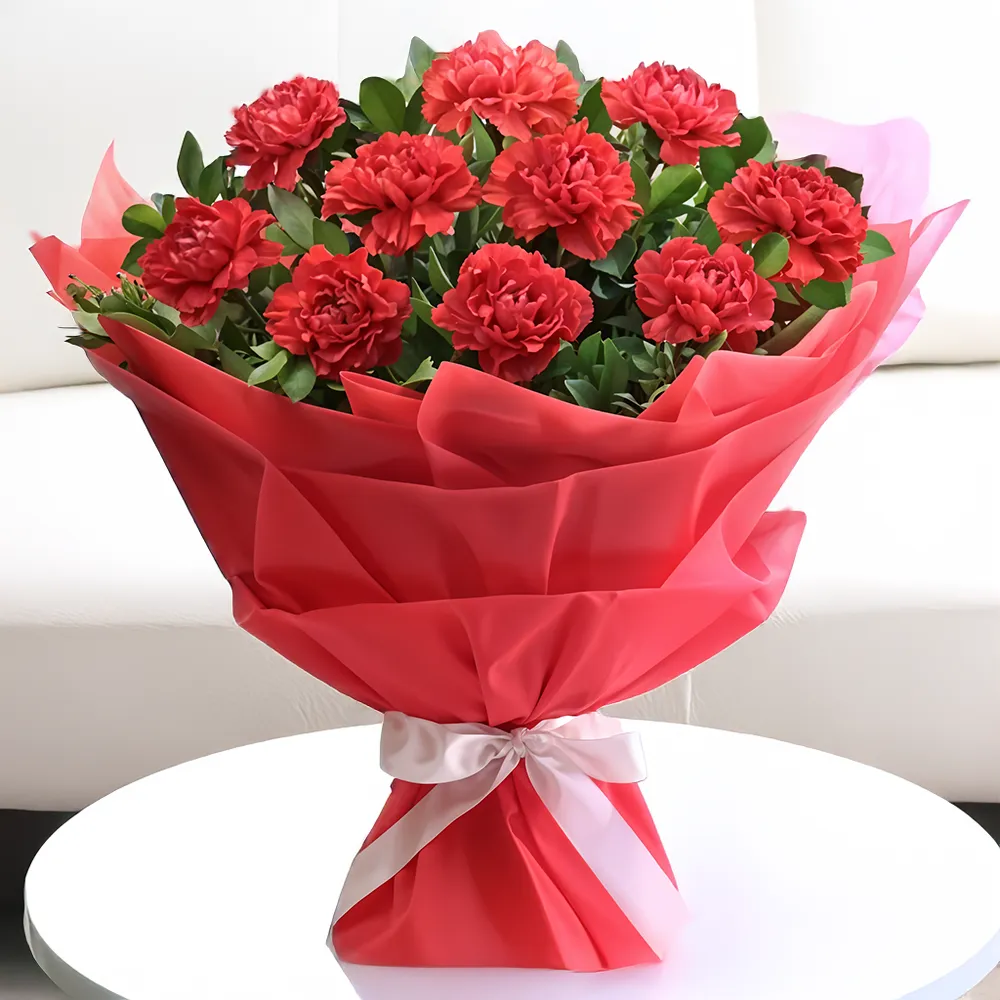 12 red carnations with fresh greens
