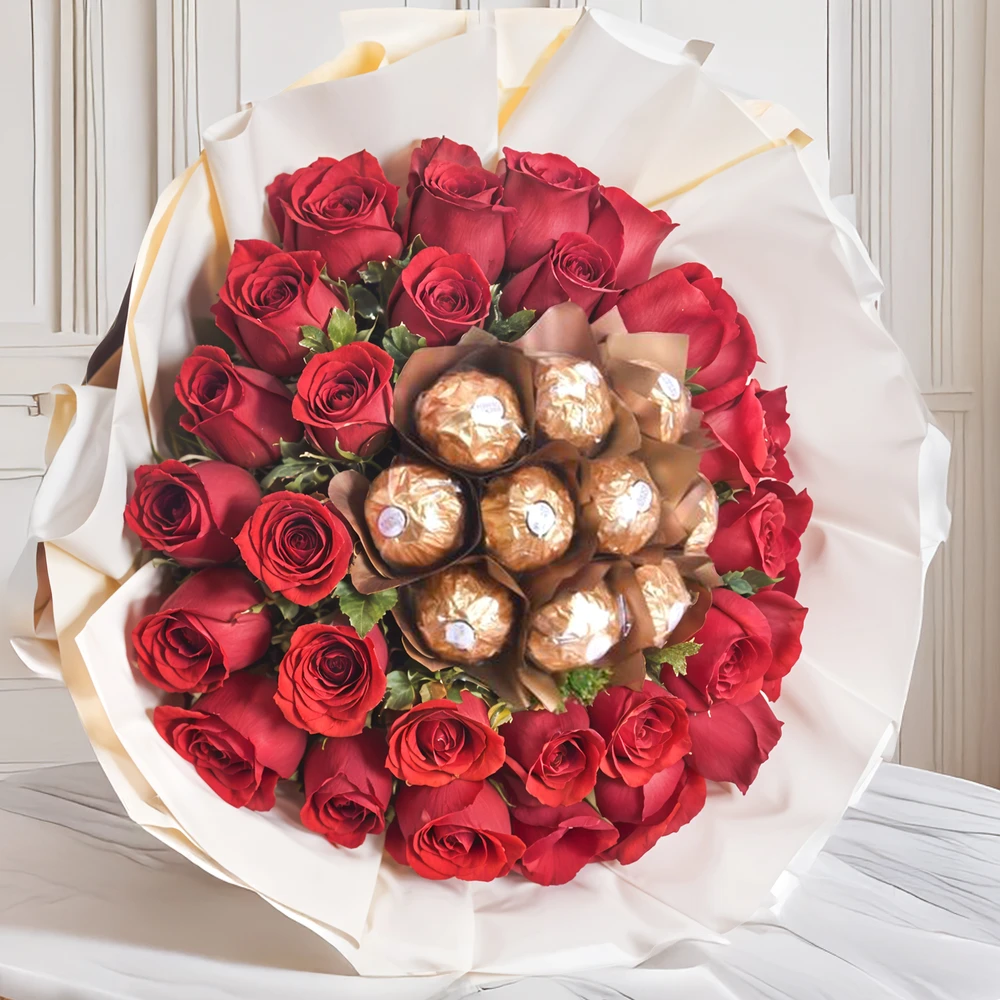 Bouquet of 30 red roses with 16 Ferrero Rocher chocolates and green fillers, wrapped in decorative paper – chocolate and flower gift by UAE Flowers. Bouquet of 30 red roses with 16 Ferrero Rocher chocolates and green fillers, wrapped in decorative paper – chocolate and flower gift by UAE Flowers.