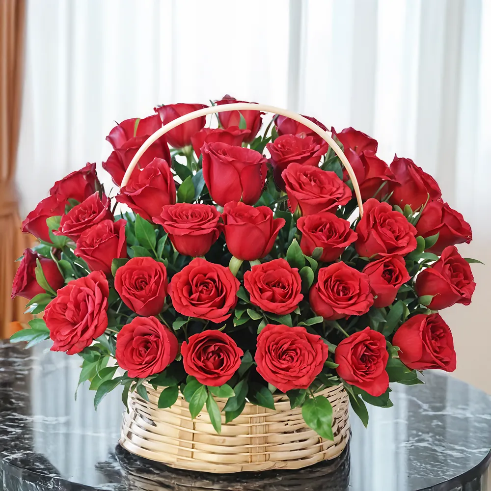 Handle Basket of 30 stems of Red Roses with green fillers